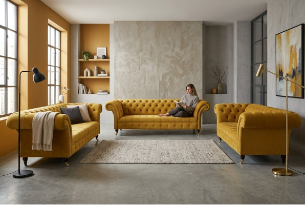 Geel Chesterfieldbankstel Bank Bekleding Set Zithoek Compleet