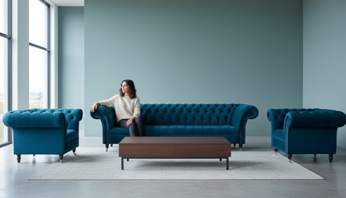 Blauwe Chesterfield bankstel bankstel bekleding set zithoek 3+1+1