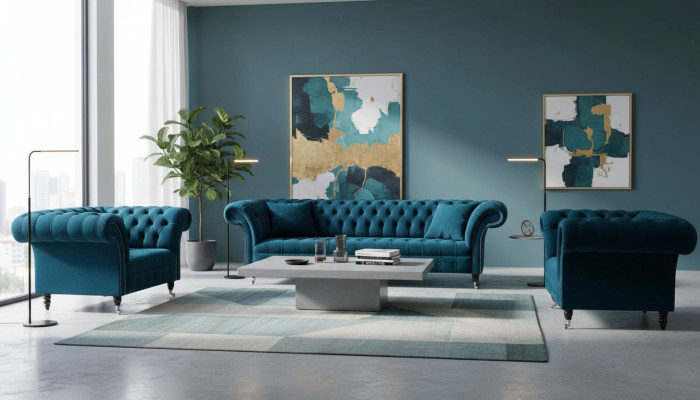 Blauwe Chesterfield bankstel bankstel bekleding set zithoek 3+1+1