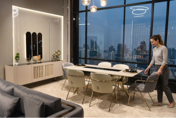 Luxe eetkamerset eettafel + 6x stoelen + dressoir met spiegel