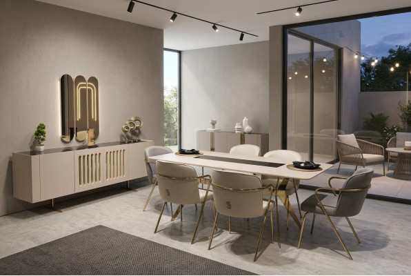 Luxe eetkamerset eettafel + 6x stoelen + dressoir met spiegel