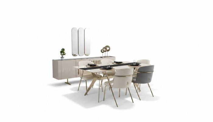 Luxe eetkamerset eettafel + 6x stoelen + dressoir met spiegel