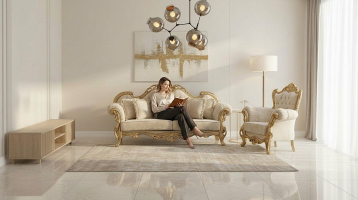 Chesterfieldbank en fauteuil in beige in hoogwaardig luxueus design