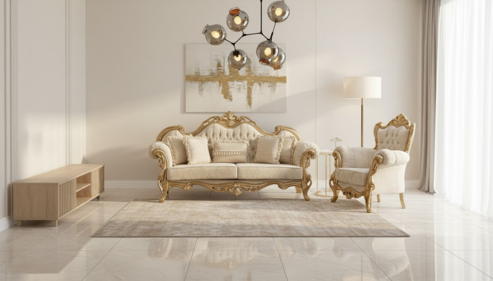 Chesterfieldbank en fauteuil in beige in hoogwaardig luxueus design