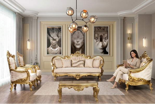 Gouden bankstel bankstel 5-delig met salontafel Chesterfield barok.