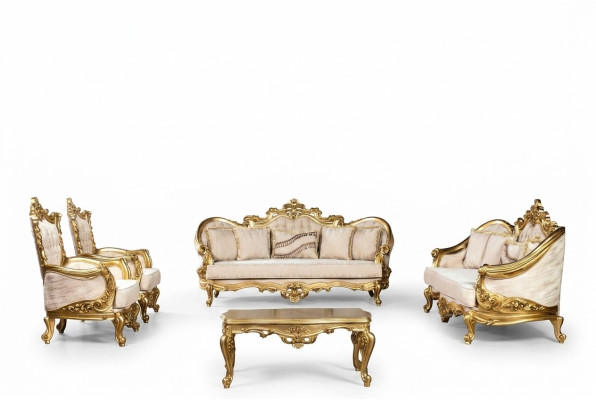 Gouden bankstel bankstel 5-delig met salontafel Chesterfield barok.