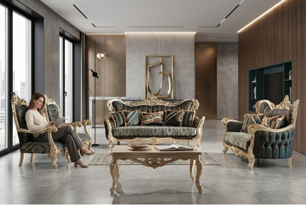 Sofagarnituur Bank Bank Barok Rococo Set Salontafel Turkoois 5-delig Goud