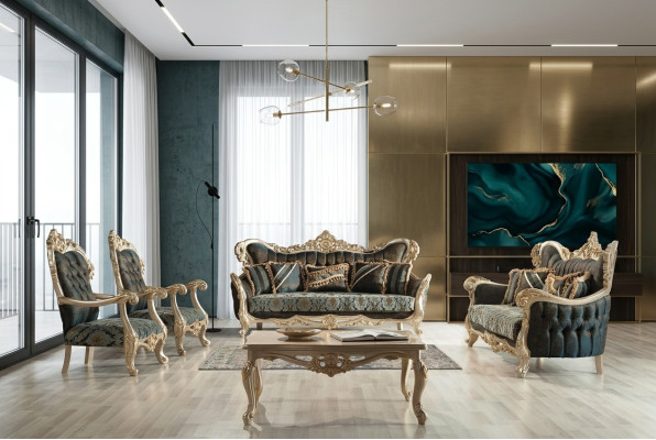 Sofagarnituur Bank Bank Barok Rococo Set Salontafel Turkoois 5-delig Goud