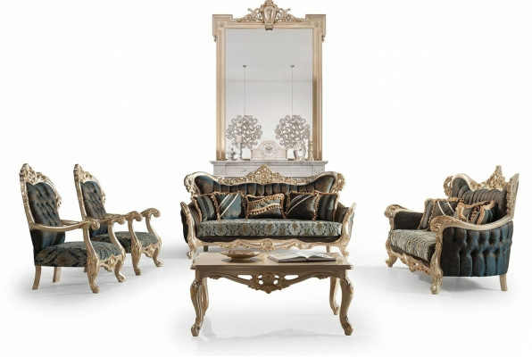 Sofagarnituur Bank Bank Barok Rococo Set Salontafel Turkoois 5-delig Goud