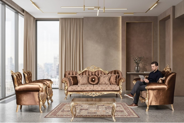 Gouden fluwelen bankstel Chesterfield bankstel bank meubelen hout 5-dlg.