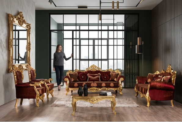 Bordeauxrode bankstel bank goud klassieke meubelen tafel 5-delig.