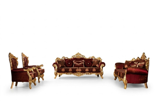 Bordeauxrode bankstel bank goud klassieke meubelen tafel 5-delig.