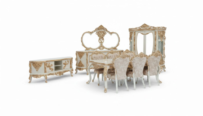 Prachtige eetkamermeubel compleet set met veel decoratieve elementen.