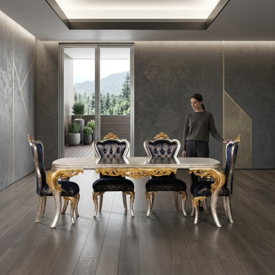 Voortreffelijke gouden eetkamerset eettafel met x4 Chesterfield stoelen luxe meubels