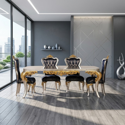 Voortreffelijke gouden eetkamerset eettafel met x4 Chesterfield stoelen luxe meubels