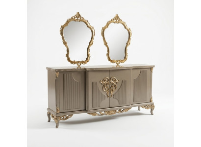 Dressoir met spiegel taupe bruin houten kast sideboard serveren 2-delig