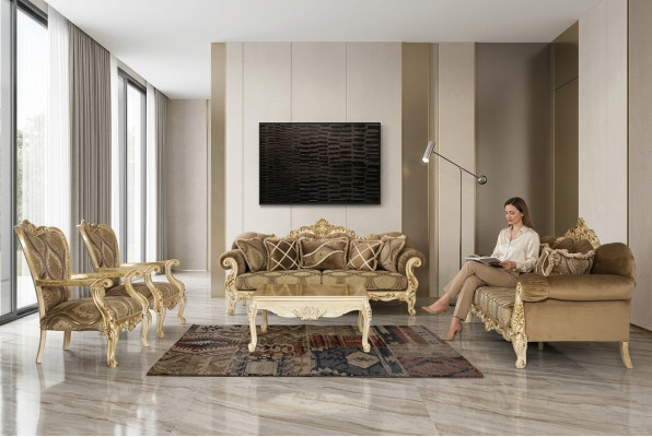 Exclusieve zitbankset in beige kleur in barok-rococo-stijl 3 + 3 + 1 + 1 + salontafel