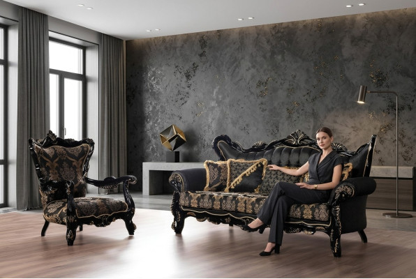 2-delige bankstel voor de woonkamer 3+1 zits zwart bankstel en fauteuil met gouden patroon.