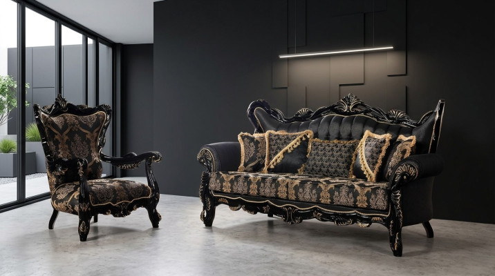 2-delige bankstel voor de woonkamer 3+1 zits zwart bankstel en fauteuil met gouden patroon.