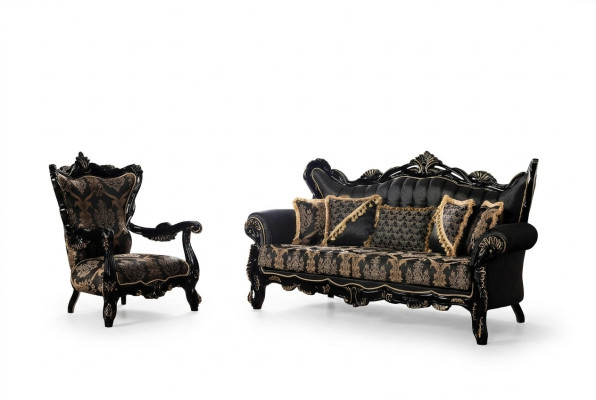 2-delige bankstel voor de woonkamer 3+1 zits zwart bankstel en fauteuil met gouden patroon.