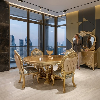 Gouden ronde eettafel eetset Tafel 4x stoel dressoir 6-delig. Nieuw