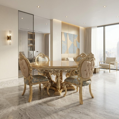 Gouden ronde eettafel eetset Tafel 4x stoel dressoir 6-delig. Nieuw