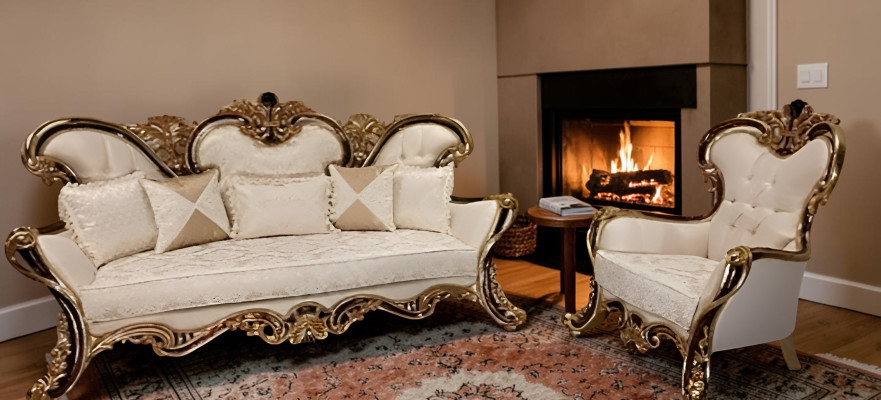 Zitbank Chesterfield 3+1 zitplaatsen + salontafel hout Barok Rococo