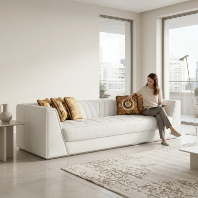 Witte luxe bank Medusa met gouden koppen bank driezitsbank bankleer