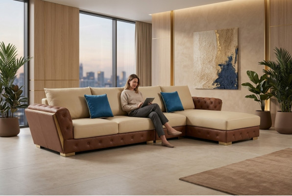 Leren bank Bank Luxe Bank Bekleding Meubels Beige Ontwerp Hoekbank Meubels