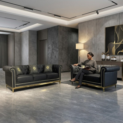 Zwarte Chesterfield woonkamer bankstel Luxe set 3+2 zits 2-delig.