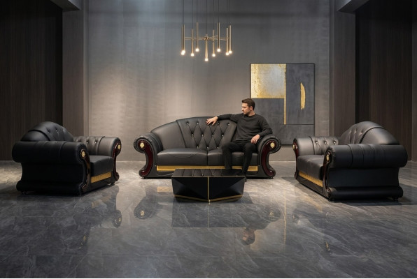 Chesterfield Bankstel Set 3+2+1 Leder Banken Bekleding Meubels Klassiek