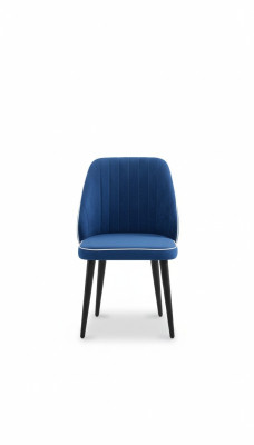 Blauw gestoffeerde stoel met zwarte houten poten voor eetkamer licht model