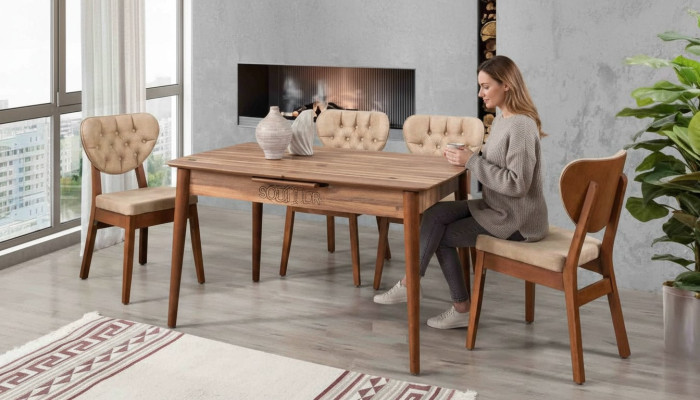 Beige eetkamerset luxe set 4 stoelen Chesterfield nieuw