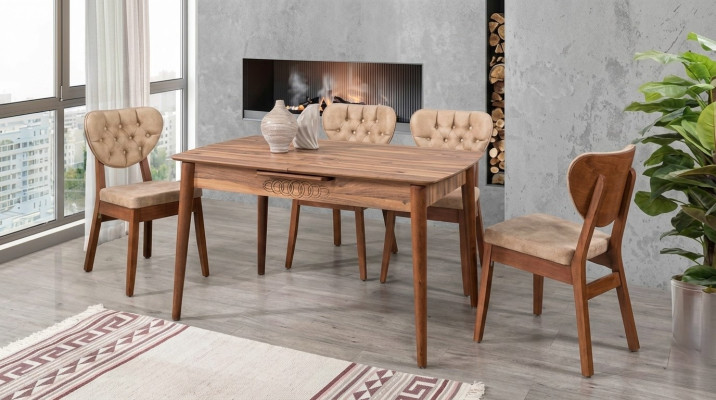 Beige eetkamerset luxe set 4 stoelen Chesterfield nieuw
