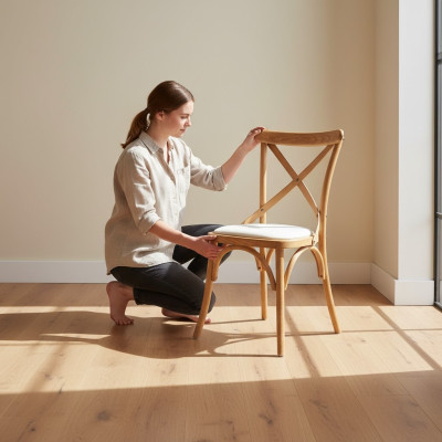 Een houten stoel met een zachte zitting en een ronde rug voor in uw eetkamer.