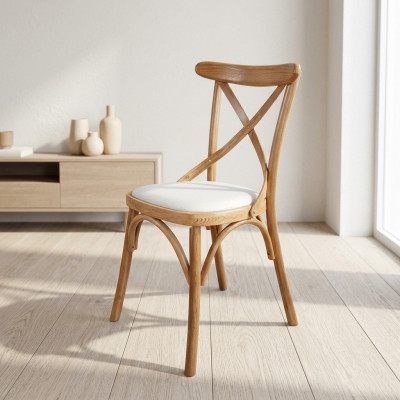 Een houten stoel met een zachte zitting en een ronde rug voor in uw eetkamer.