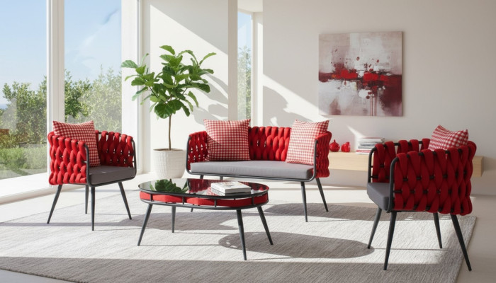 Rode tuinset luxe zitmeubelen tafel bankje terrasbank 4-delig.
