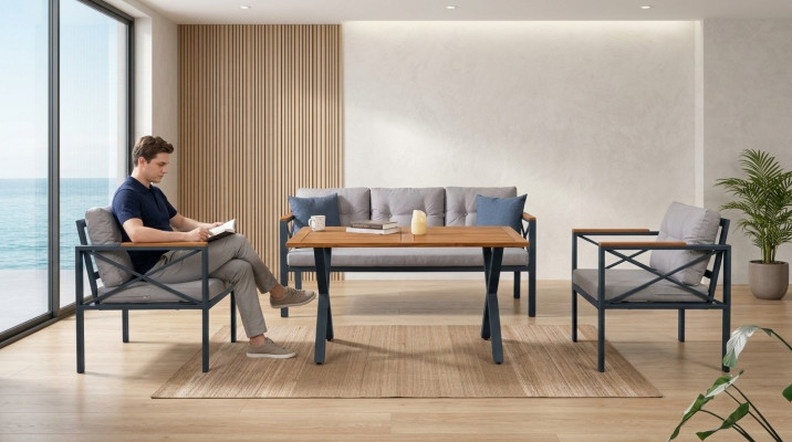 Moderne Grijze tuinset fauteuil voetenbank tafel veranda 4-delig set