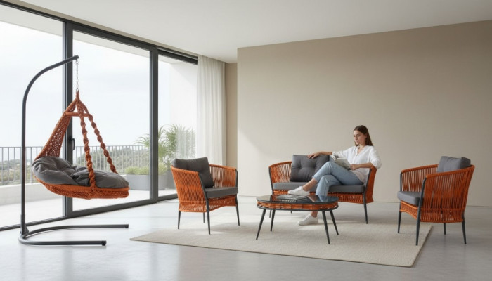 Oranje tuinmeubels, tweezitsbank, fauteuil, salontafelset.