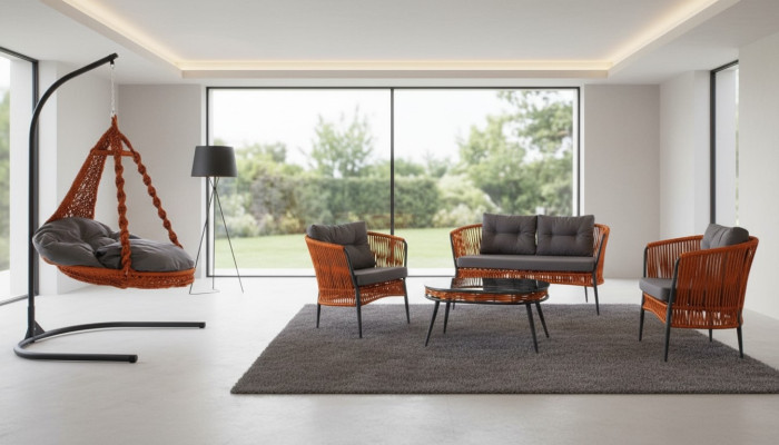 Oranje tuinmeubels, tweezitsbank, fauteuil, salontafelset.