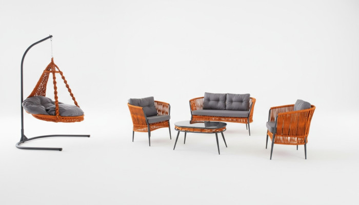 Oranje tuinmeubels, tweezitsbank, fauteuil, salontafelset.