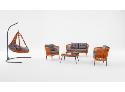 Oranje tuinmeubels, tweezitsbank, fauteuil, salontafelset.