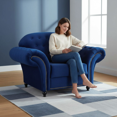 Blauwe Chesterfield-fauteuil Eenpersoonsbank Bank Blauw Armstoel Meubels