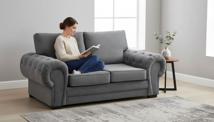Grijze woonkamer bank bekleding meubels tweezits banken bankstellen stof textiel.