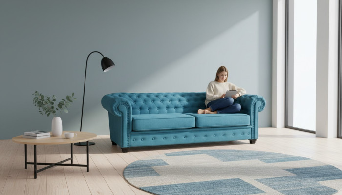 Driepersoonsbank van textiel Turkoois bank meubels inrichting banken.