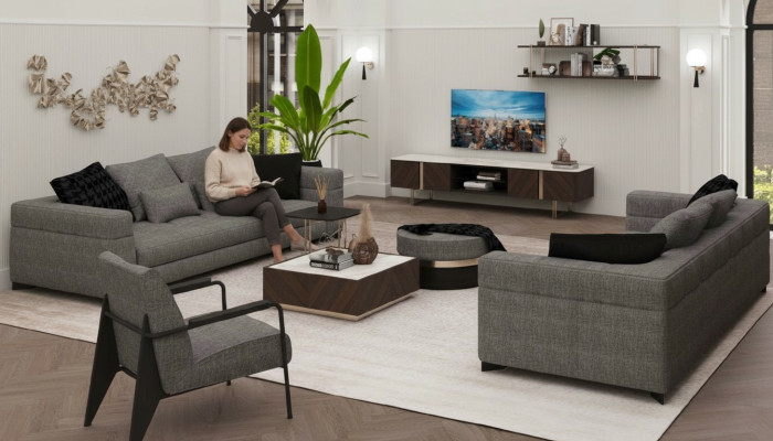 Grijze bankstel driezits tweezits fauteuil woonkamerset nieuw