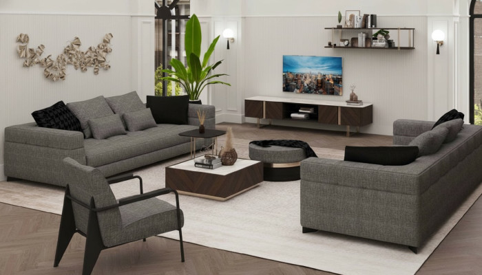 Grijze bankstel driezits tweezits fauteuil woonkamerset nieuw