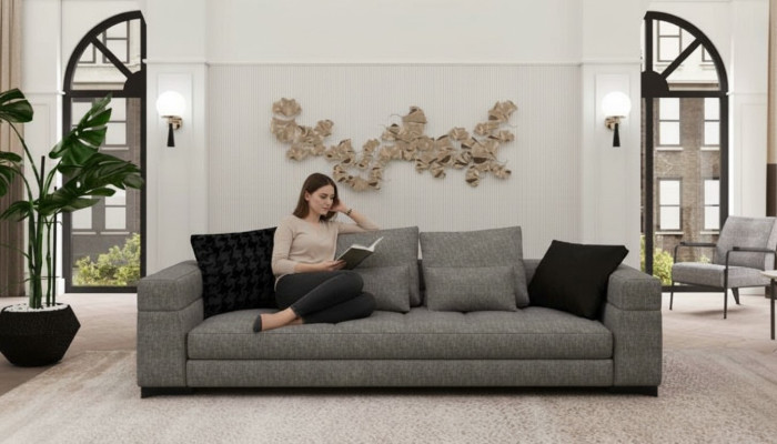 Grijze bank Driezits woonkamer Zitmeubels Houten frame Bank collectie