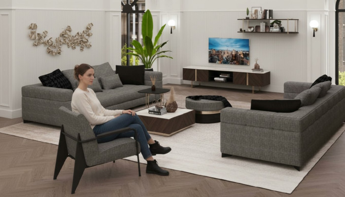 Grijze fauteuil roestvrijstalen poten Moderne woonkamer meubels Fauteuil Bank