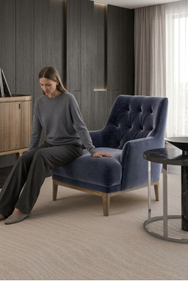 Blauwe Exclusieve Chesterfield Fauteuil Woonkamer Eenpersoons Houten Frame